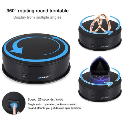 PULUZ 15cm Electric Rotating Display Turntable for Photography showing black 360° rotating platform with jewelry and ring box