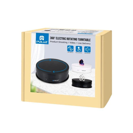 PULUZ 15cm Electric Rotating Display Turntable for Photography on white background showing black model and product box