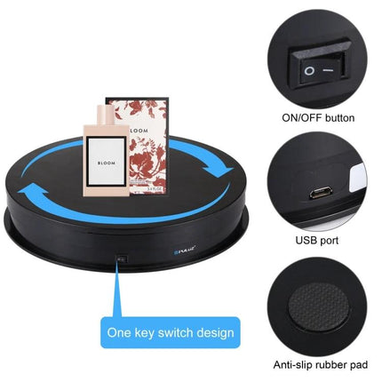 PULUZ 30cm Electric Rotating Display Turntable for Product Photography showing perfume on USB-powered rotating platform with ON/OFF switch and anti-slip pad