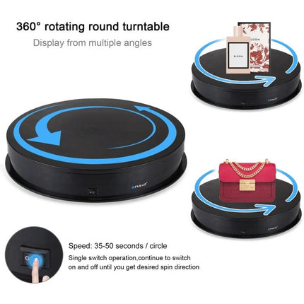 PULUZ 30cm Electric Rotating Display Turntable for Product Photography showing black USB-powered rotating platform with items being displayed