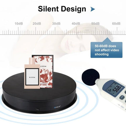 PULUZ 30cm Electric Rotating Display Turntable for Product Photography showing black USB-powered rotating platform with perfume boxes and silent design decibel meter