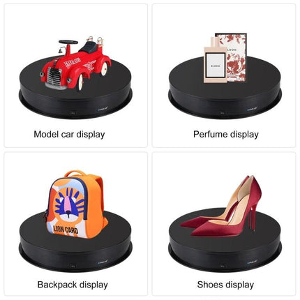 PULUZ 30cm Electric Rotating Display Turntable for Product Photography showing model car, perfume, backpack and shoes on a black rotating platform