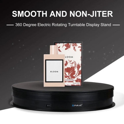PULUZ 30cm Electric Rotating Display Turntable for Product Photography showing perfume boxes on a smooth USB-powered rotating platform