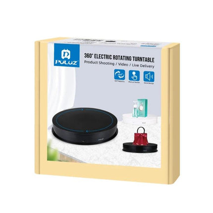 PULUZ 30cm Electric Rotating Display Turntable for Product Photography showing boxed unit with black rotating platform and sample product display
