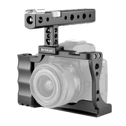 PULUZ Video Camera Stabilizer Cage with Comfort Grip Handle mounted on mirrorless camera for steady handheld vlogging and filmmaking
