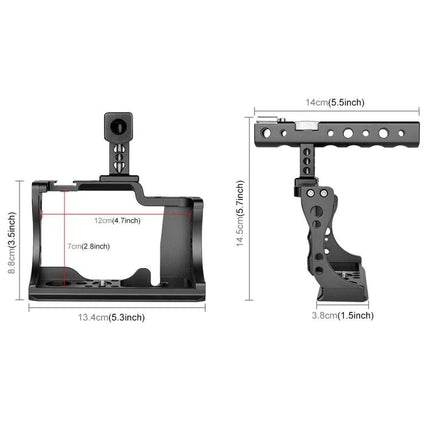 PULUZ Video Camera Stabilizer Cage with Comfort Grip Handle CNC-machined aluminum cage with dimensions shown for vlogging and handheld filming