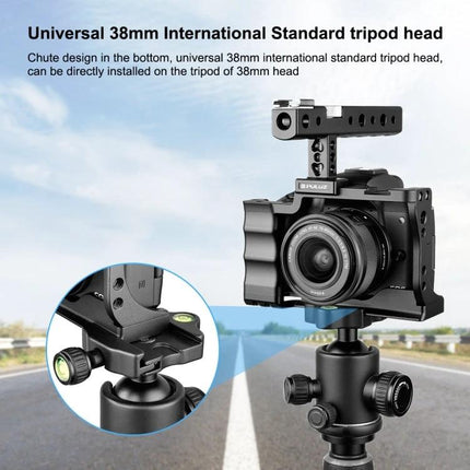 PULUZ Video Camera Stabilizer Cage with Comfort Grip Handle mounted on tripod showing CNC aluminum cage and ergonomic grip