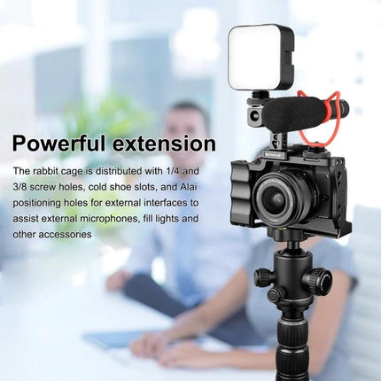PULUZ Video Camera Stabilizer Cage with Comfort Grip Handle mounted camera with light and microphone for vlogging and handheld shooting