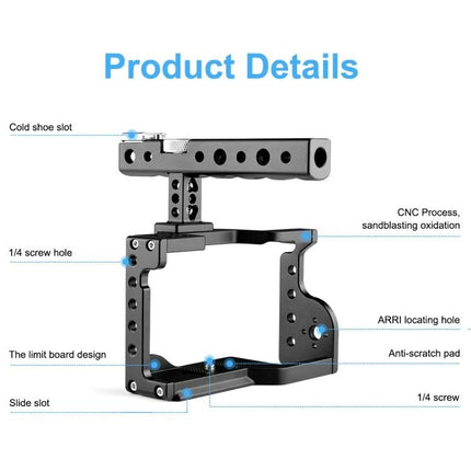 PULUZ Video Camera Stabilizer Cage with Handle for Sony A6600 showing product details, cold shoe, 1/4 screw holes, ARRI locating hole and anti-scratch pad