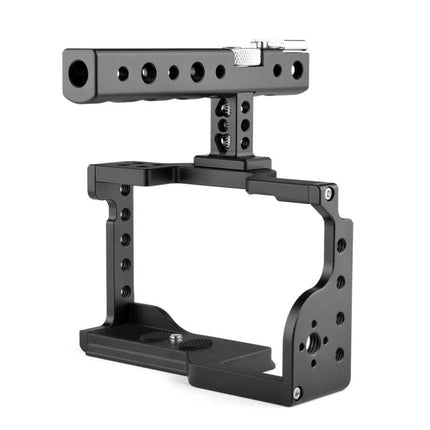 PULUZ Video Camera Stabilizer Cage with Handle for Sony A6600 shown in black metal cage with top handle for handheld video