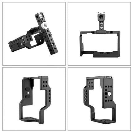 PULUZ Video Camera Stabilizer Cage with Handle for Sony A6600 – multi-angle views of black aluminum camera cage and handle