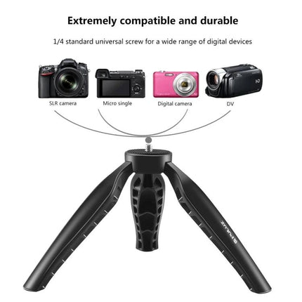 PULUZ Compact ABS Desktop Tripod for Cameras and Smartphones compact black tripod showing universal 1/4 screw and compatibility with DSLR, mirrorless, point-and-shoot
