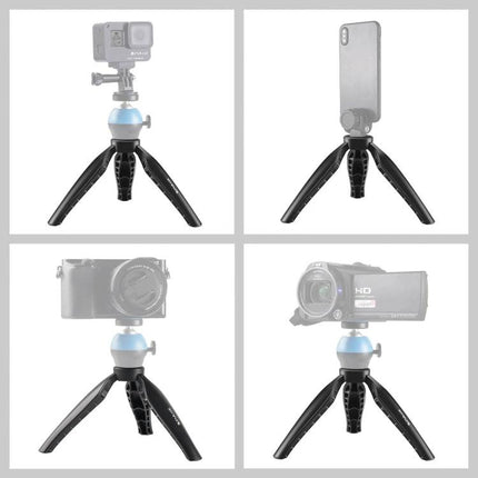 PULUZ Compact ABS Desktop Tripod for Cameras and Smartphones shown with action camera, smartphone, mirrorless camera and camcorder on compact ABS tripod