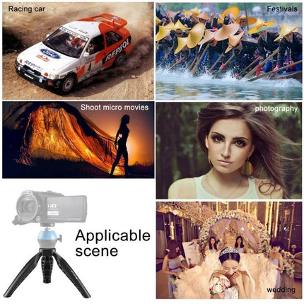 PULUZ Compact ABS Desktop Tripod for Cameras and Smartphones shown stabilizing cameras and smartphones for racing, festivals, vlogging and wedding photography