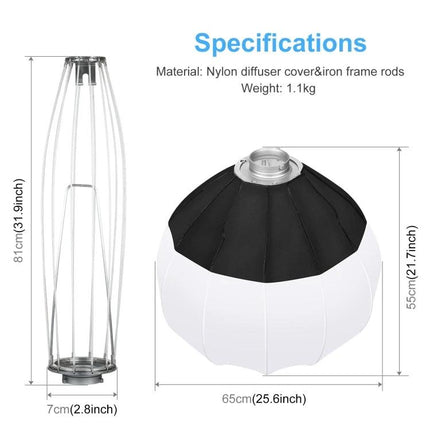 PULUZ 65cm Foldable Lantern Softbox Light Diffuser for Photography showing dimensions, Bowens mount, nylon diffuser and iron frame