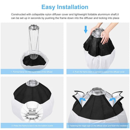 PULUZ 65cm Foldable Lantern Softbox Light Diffuser for Photography - hands installing collapsible nylon diffuser with Bowens mount