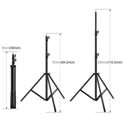 PULUZ Foldable 2.8m Tripod Light Holder for Photography Video showing folded, 1.63m and fully extended 2.8m heights with tripod legs for studio/location use