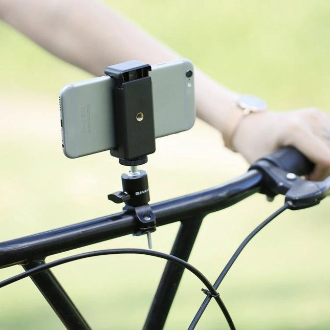 Aluminum Mount for Recording Bike Rides with Action Cameras clamped to handlebars holding a phone for hands-free steady footage