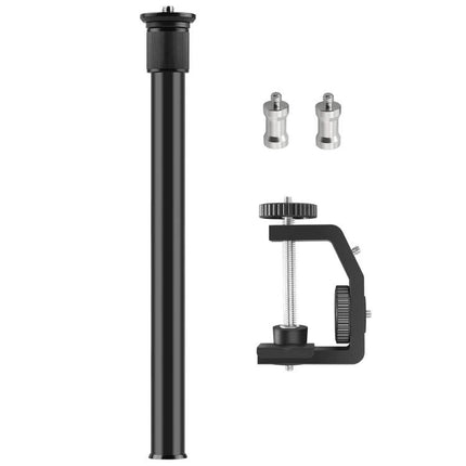 PULUZ Adjustable C Clamp for Light Stand Mounting and Organization showing clamp, extension pole and adapters for studio and home office setups