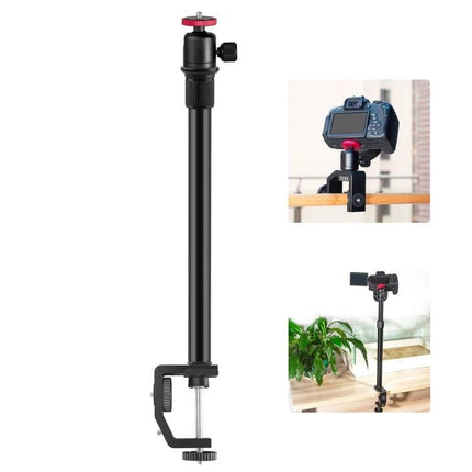 PULUZ Adjustable C Clamp Mount Extension Rod for Light Stands clamped to table supporting camera and light for streaming and video