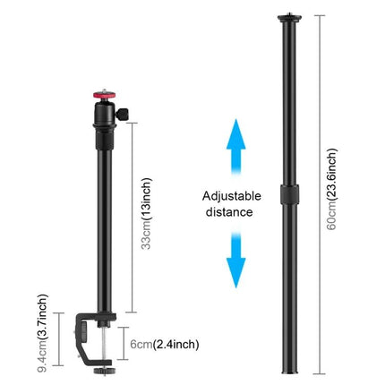 PULUZ Adjustable C Clamp Mount Extension Rod for Light Stands, telescoping 33–60cm height, table clamp for lights and cameras