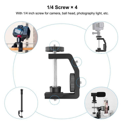 PULUZ Adjustable C Clamp Mount Extension Rod for Light Stands clamped to table holding camera, microphone and light for streaming and video production