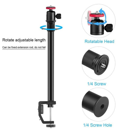 PULUZ Adjustable C Clamp Mount Extension Rod for Light Stands - adjustable 33-60cm extension rod with rotatable head and 1/4" screw for stable table mounting