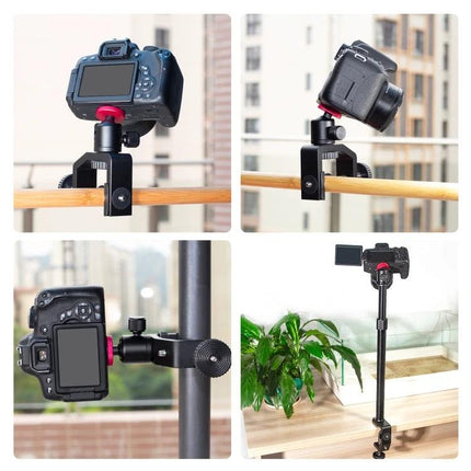 PULUZ Adjustable C Clamp Mount Extension Rod for Light Stands attached to railing and table showing adjustable height and camera mounting options
