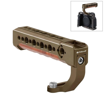 PULUZ Wooden Top Handle for Mirrorless Cameras with Cold Shoe Mount – ergonomic wooden grip with multiple threaded mounts for microphones and lights