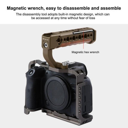 PULUZ Wooden Top Handle for Mirrorless Cameras with Cold Shoe Mount on mirrorless camera with magnetic wrench and ergonomic wooden grip