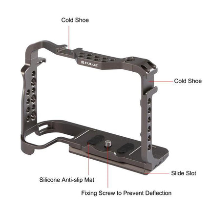 PULUZ Aluminum Camera Cage for Canon EOS Video Stabilization – CNC aluminum cage with cold shoes, silicone anti-slip mat, slide slot and fixing screw