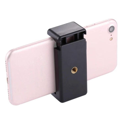 PULUZ Universal Smartphone Clamp for Tripods and Selfie Sticks mounted on a smartphone showing adjustable grip and tripod screw