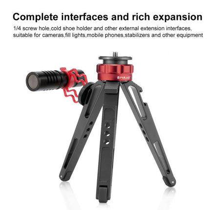 PULUZ Desktop Tripod for Vlogging and Camera Stability showing compact aluminum desktop tripod with cold shoe and 1/4" screw for vlogging setups