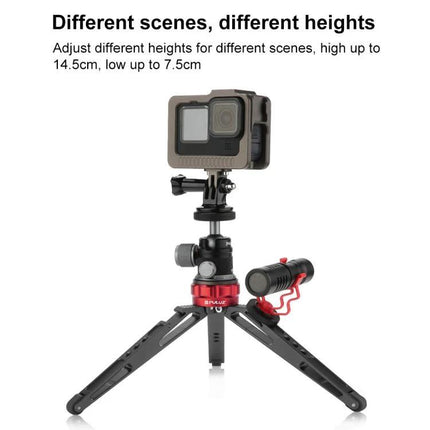 PULUZ Desktop Tripod for Vlogging and Camera Stability shown holding action camera and microphone for stable low‑angle shots