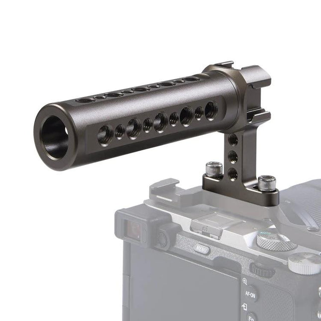 PULUZ Handheld Camera Stabilizer Handle with Accessory Mounts attached to mirrorless camera showing cold shoe mounts and ergonomic grip