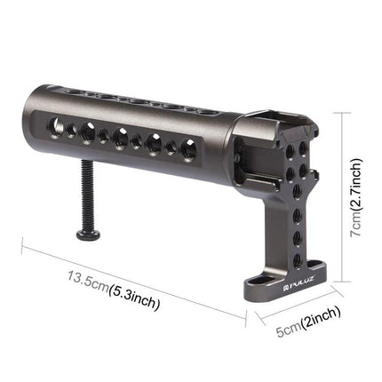 PULUZ Handheld Camera Stabilizer Handle with Accessory Mounts showing ergonomic grip, multiple cold shoe and 1/4" mounting holes for vlogs and outdoor shoots