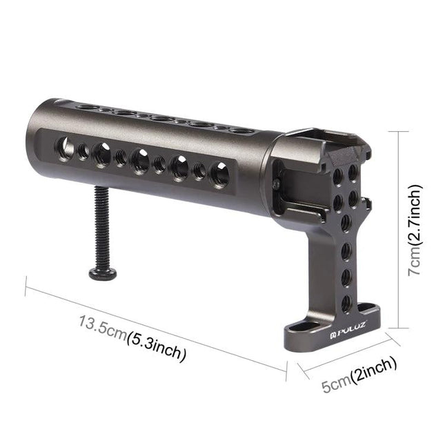 PULUZ Handheld Camera Stabilizer Handle with Accessory Mounts showing ergonomic grip, multiple cold shoe and 1/4" mounting holes for vlogs and outdoor shoots