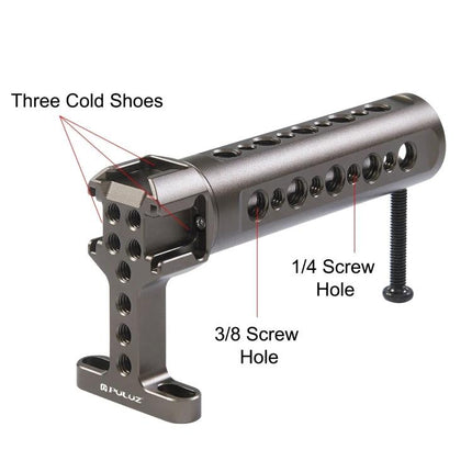 PULUZ Handheld Camera Stabilizer Handle with Accessory Mounts showing three cold shoes, multiple 1/4 and 3/8 screw holes and mounting screw
