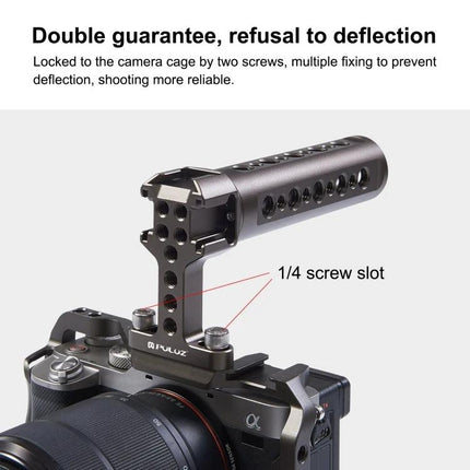 PULUZ Handheld Camera Stabilizer Handle with Accessory Mounts mounted on camera showing cold shoe and 1/4 screw slots for stable vlogging and accessory attachment