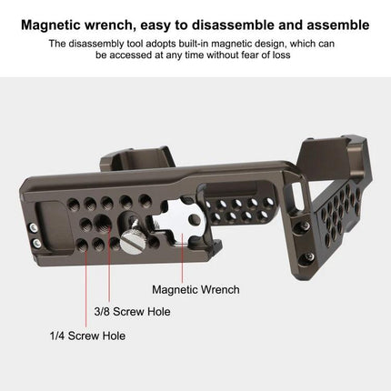 PULUZ Camera Cage Stabilizer for Sony A7 Series Cameras showing magnetic wrench, 1/4 and 3/8 screw holes and CNC-machined aluminum cage