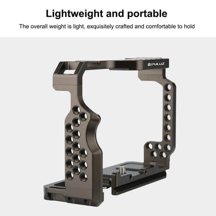PULUZ Camera Cage Stabilizer for Sony A7 Series Cameras shown lightweight CNC-machined aluminum cage with accessory mounting holes