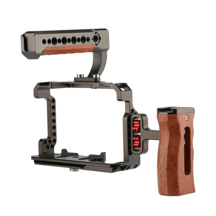 PULUZ Camera Cage Stabilizer for Sony A7 Series Cameras with wooden side handle and top handle, CNC-machined aluminum accessory mounting cage