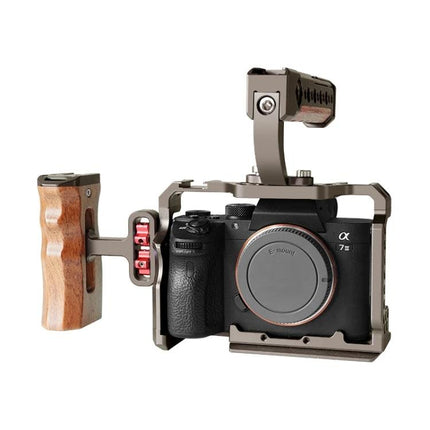 PULUZ Camera Cage Stabilizer for Sony A7 Series Cameras mounted on Sony A7 with wooden side handle and top shoe mount
