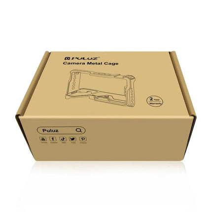 PULUZ Camera Cage Stabilizer for Sony A7 Series Cameras packaged box showing camera metal cage illustration