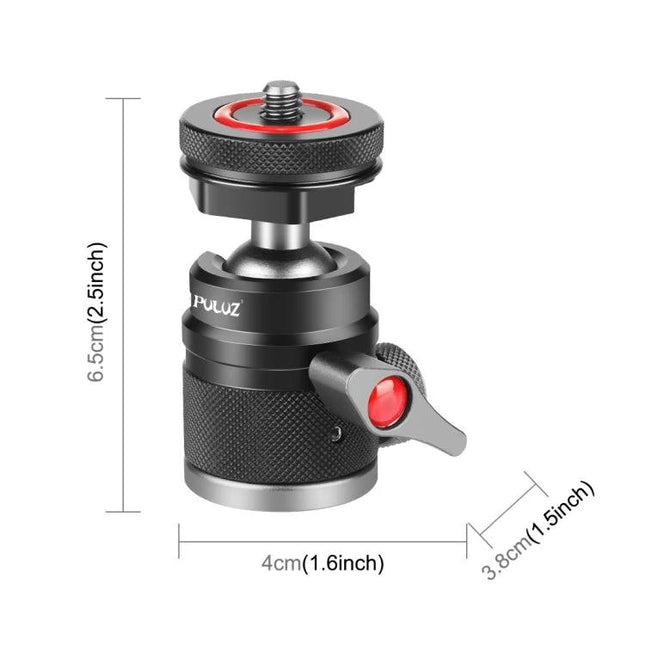 PULUZ Aluminum Alloy Ball Head Tripod Mount with Cold Shoe Base compact 6.5cm ball head for cameras and accessories, quick adjustable lever