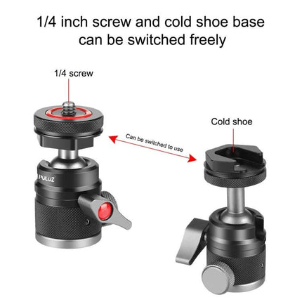 PULUZ Aluminum Alloy Ball Head Tripod Mount with Cold Shoe Base showing switchable 1/4 inch screw and cold shoe for cameras and accessories