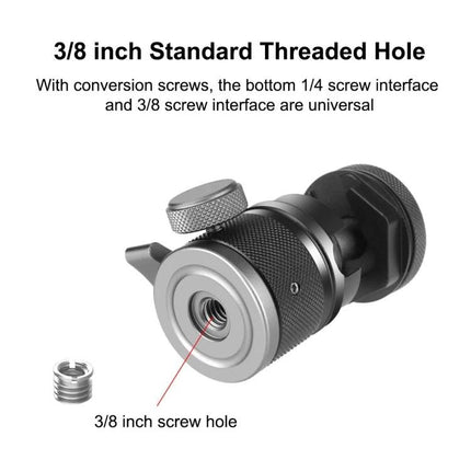 PULUZ Aluminum Alloy Ball Head Tripod Mount with Cold Shoe Base showing 3/8 inch standard threaded hole and conversion screw for universal fit