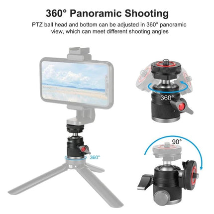 PULUZ Aluminum Alloy Ball Head Tripod Mount with Cold Shoe Base attached to mini tripod for 360° panoramic shooting and accessory cold shoe