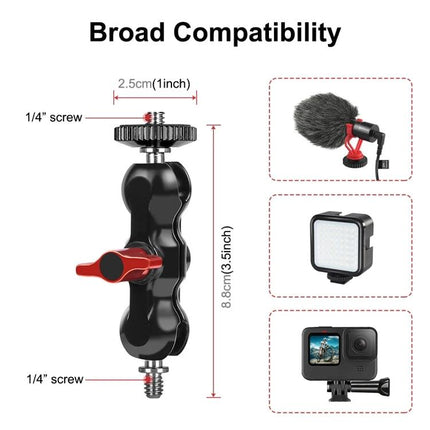 PULUZ Crab Pliers Clamp with Ball Mount for Photography Accessories showing dimensions, 1/4" screws and compatible microphone, light, and action camera