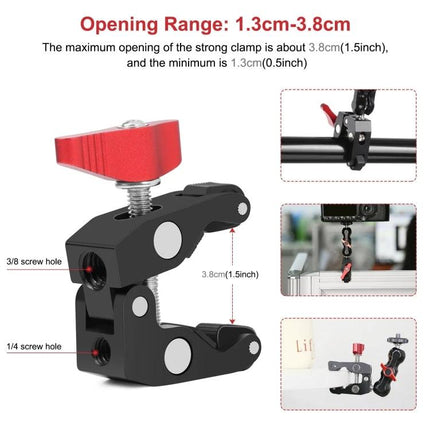 PULUZ Crab Pliers Clamp with Ball Mount for Photography Accessories - red and black clamp showing 1.3-3.8cm opening mounted on poles and table